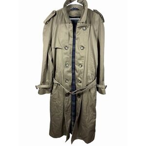 Vintage Chaps Ralph Lauren Khaki Trench Coat Plaid Lined Belted 42R Mens Classic